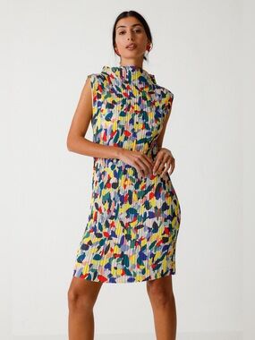 SKFK Multicolor Abstract Pleated Sleeveless Dress | Stretchy Straight Fit